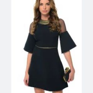 GENEVIE Black Mini Dress Gold & Sheer Bell Sleeve Dress NWT Size Small Medium